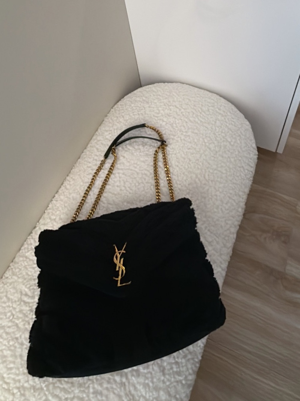 Saint Laurent Black Quilted & suede Shoulder Bag with Gold Chain